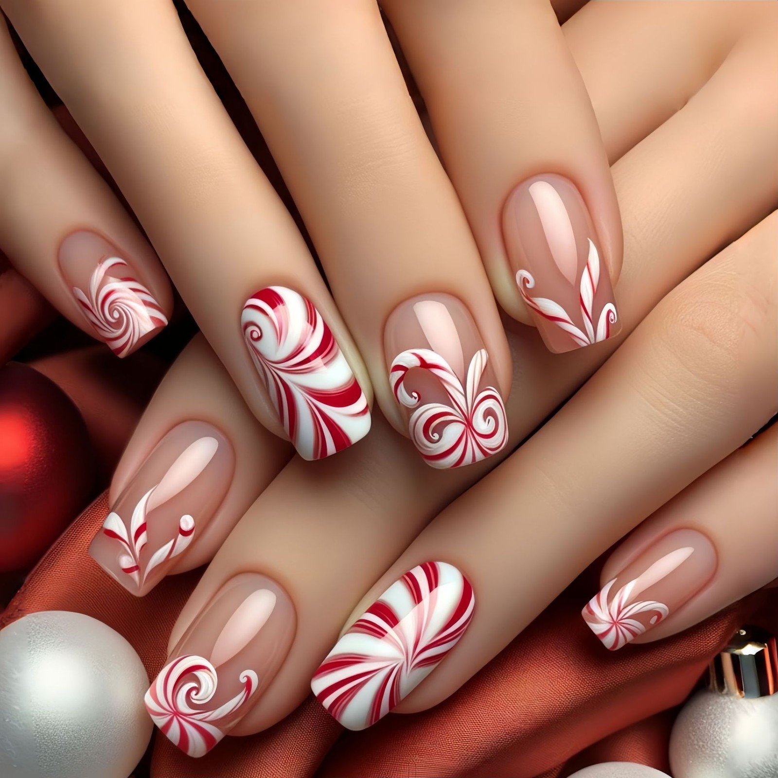 48pcs Christmas Peppermint Swirl Press On Nails Red White Festive Fake Nails