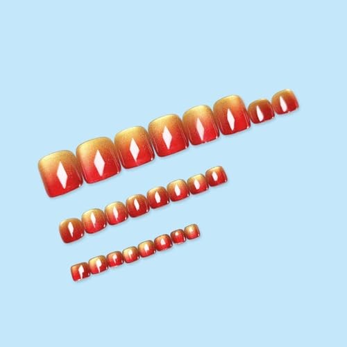 Red Ombre Cat Eye Press on Toenails Short Square Fake Toe Nails Glitter TOE-15