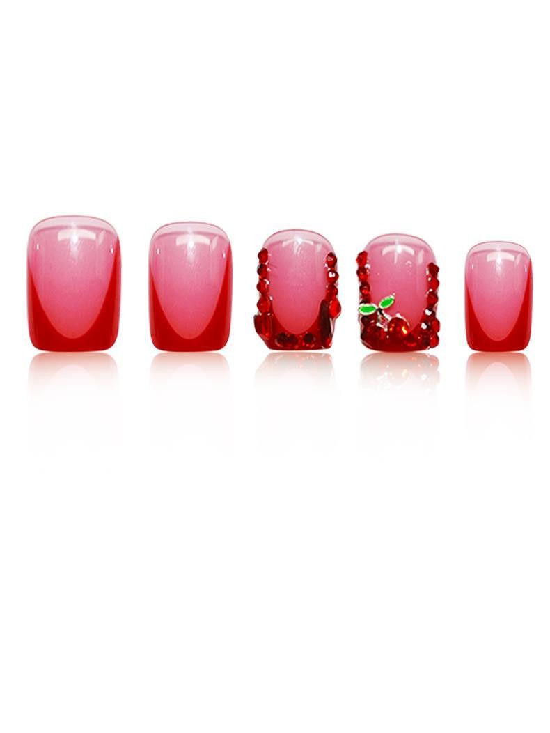 Medium Square Bling Diamond Cherry Press On Nails Removable Wholesale