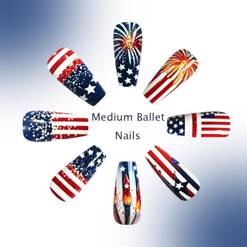 48p-Patriotic Fake Nails with Red White Blue Glitter, Fireworks and Star Details