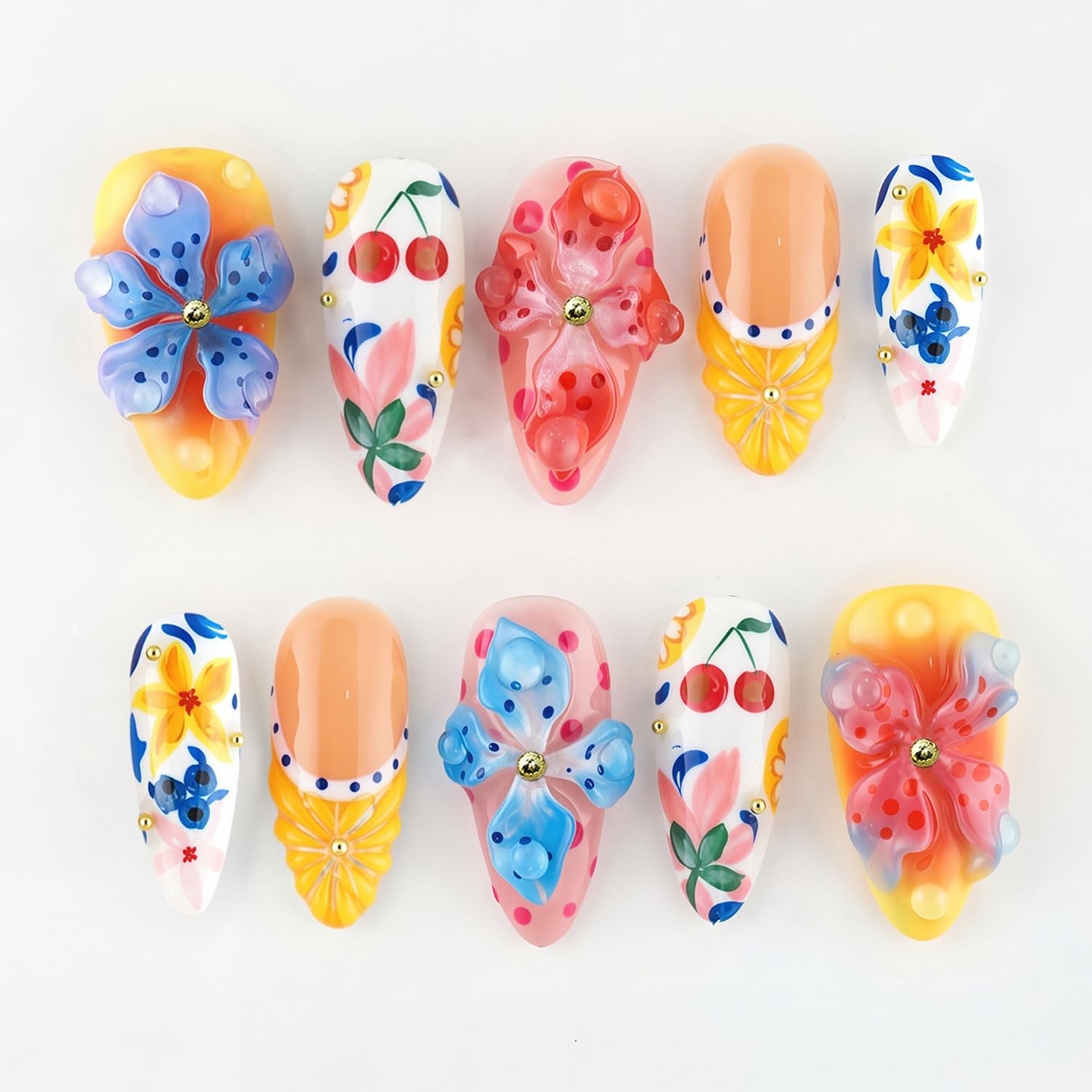 30Pcs Summer Press on Nails Medium Almond 3D Lemon French Medium, Multicolor