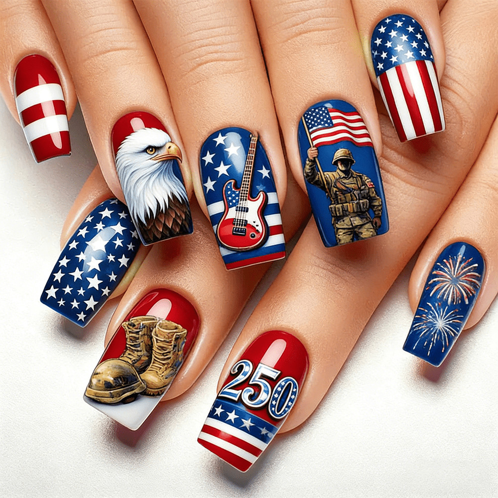 96Pcs Glossy Nails, USA 250th Anniversary, Flag & Eagle Pattern