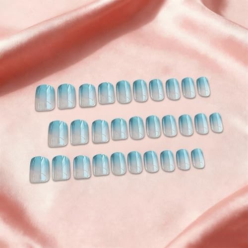 Ombre Press on Nails Short Square, Glazed Gradient Teal Blue square ombre blue