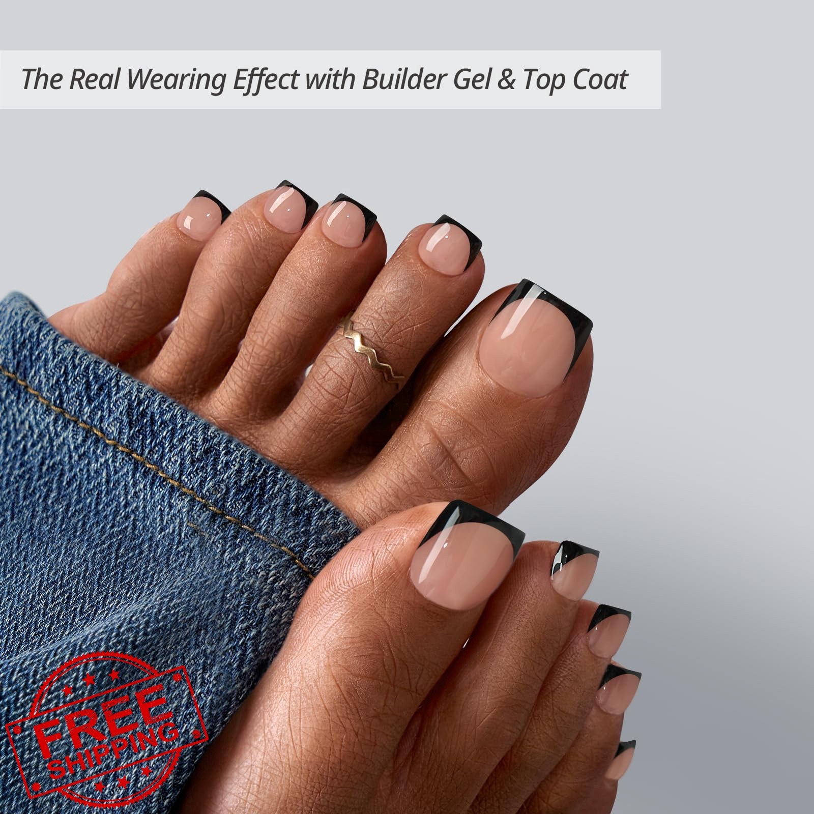 BTARTBOXNAILS Toe Nails 03-Peach Base Black French S-L Square
