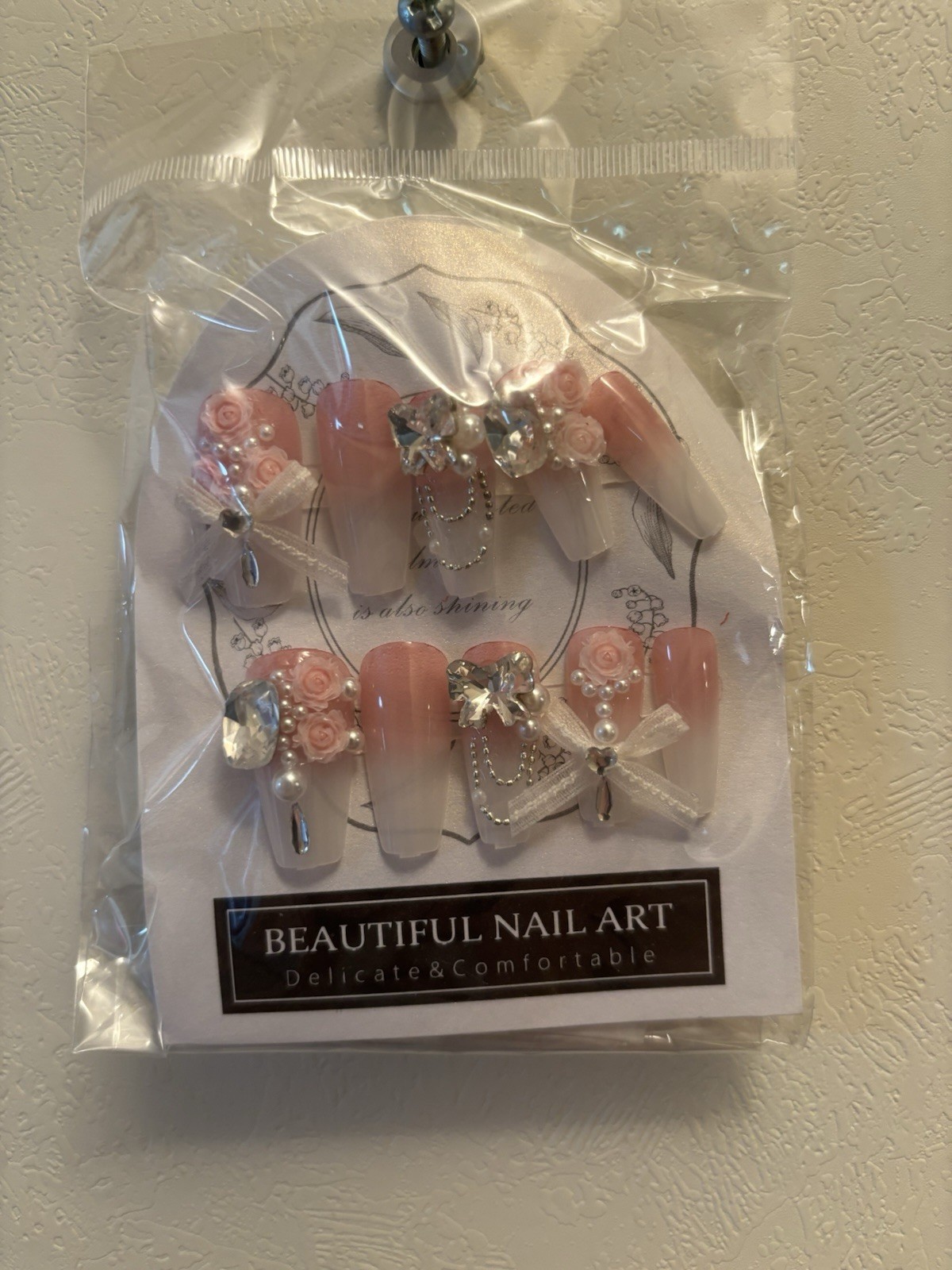 24 Pcs (10 Piece Handmade) Flower, Ribbon & Rhinestones Design Press-on Nails