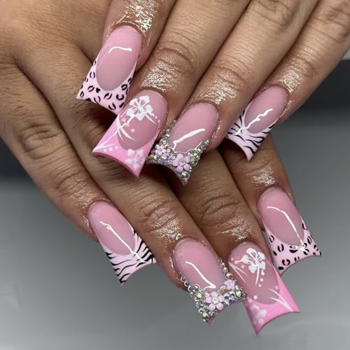 Duck Shaped Acrylic Nails – Medium – Medium – French & Floral Rhinestone