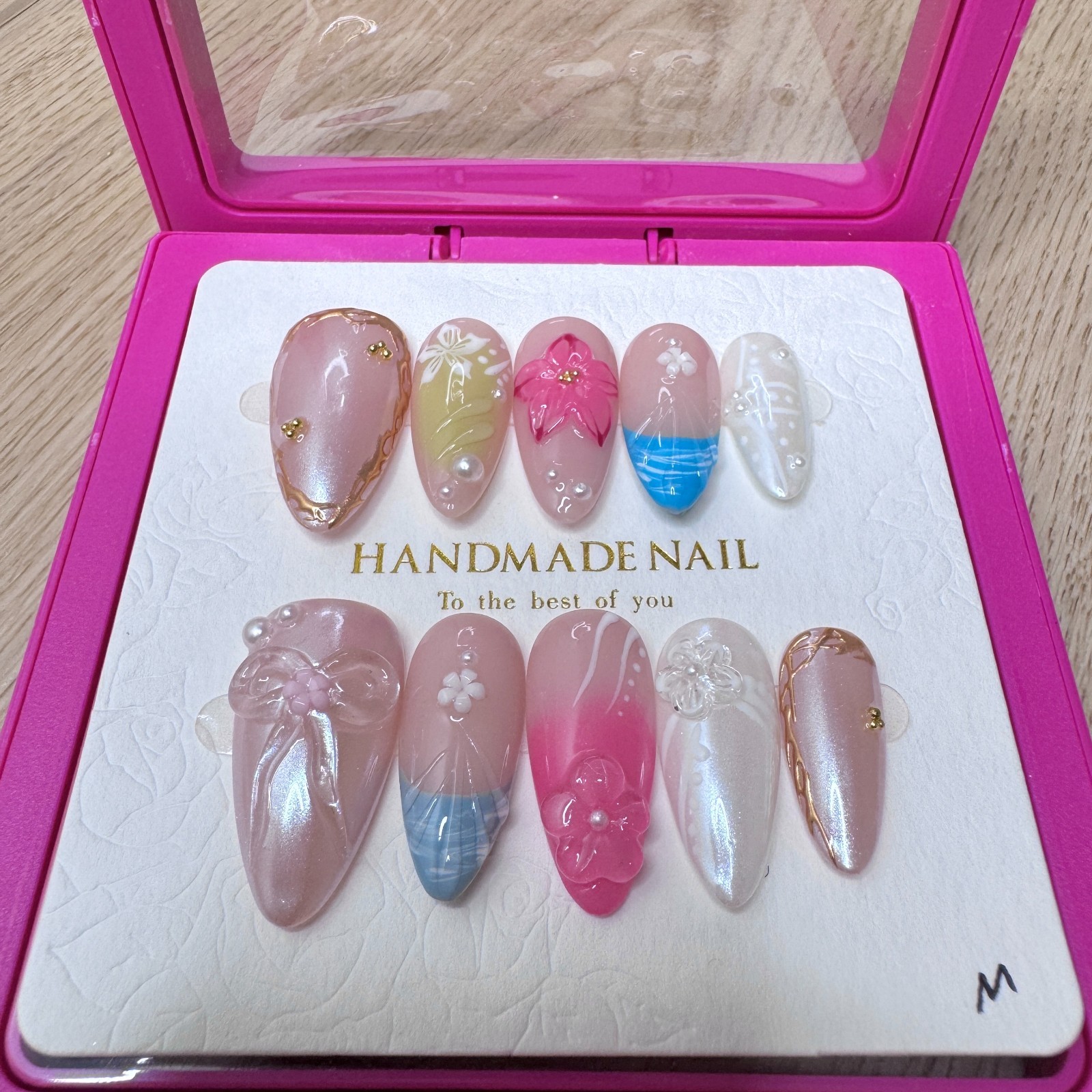 Handmade Hard Gel Pink Blue Floral Press on Nail Art Kit Sz M White Almond