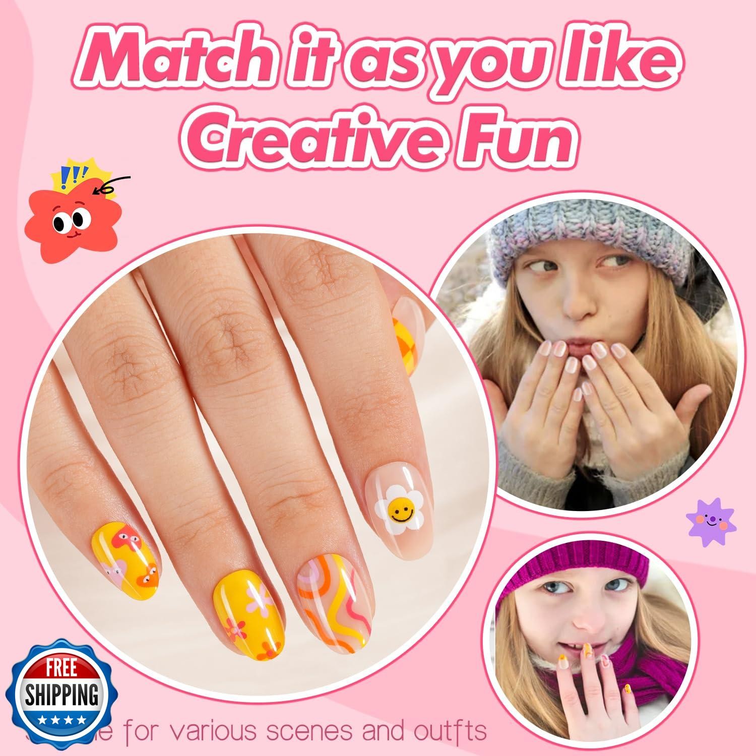 Misssix 78 Pcs Press on Nails for Kids, 3 Pack Kid Fake Nail Kit Cute Press o