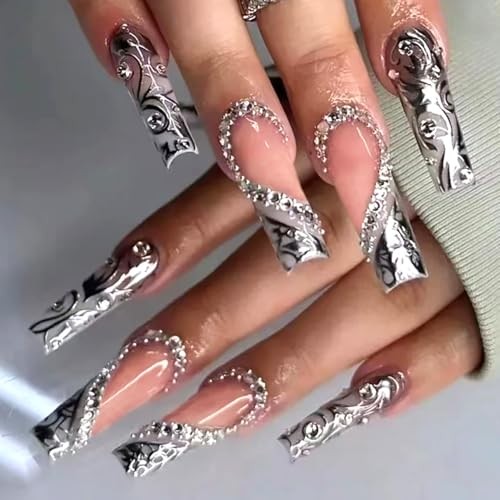24Pcs Long Press on Nails Luxury Rhinestone Fake Nails silver rhinestones