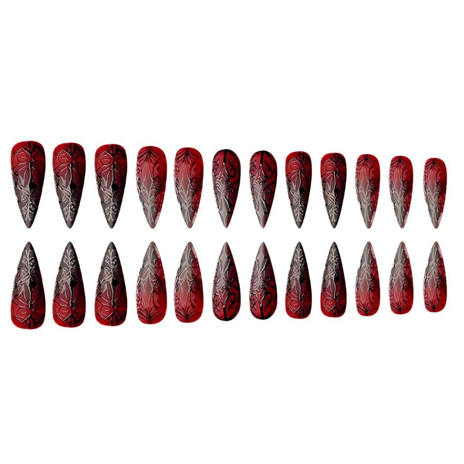 Halloween Press on Nails Medium Stiletto 24 Fl Oz (Pack of 1), Black Red-5