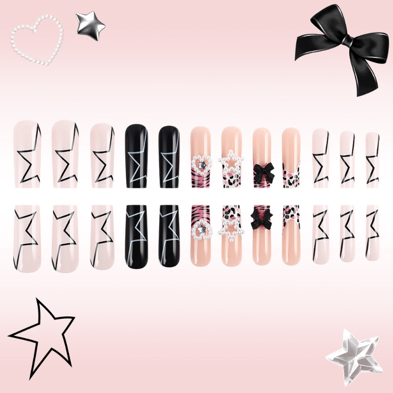 48Pcs Long Black Pink Leopard Star Press on Nails Casual Daily Trendy Nails