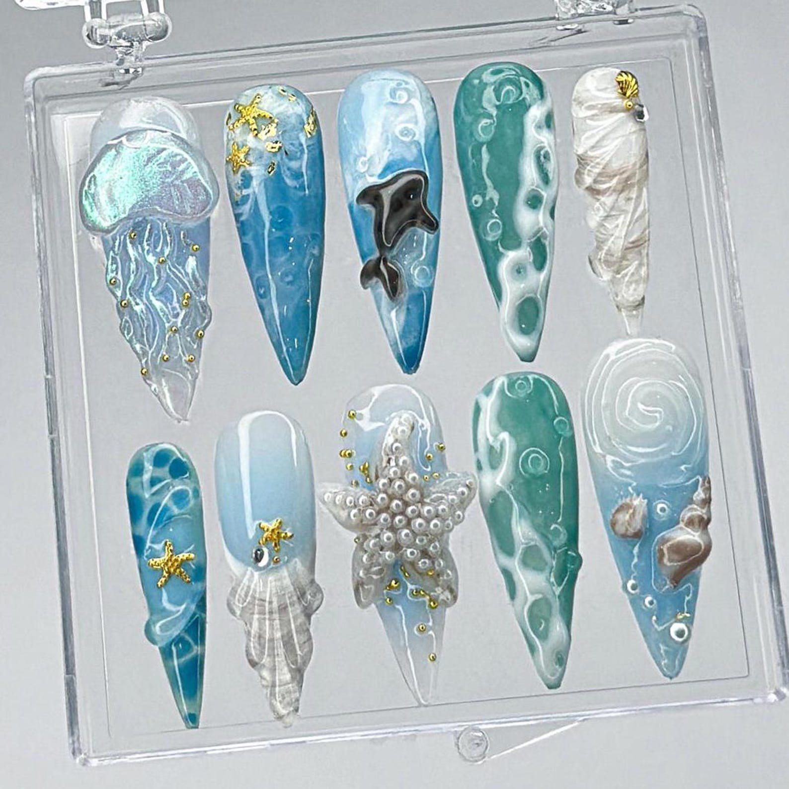 Handmade Ocean Wave 3D Jellyfish Dolphin Starfish Shell Stiletto Press on Nails