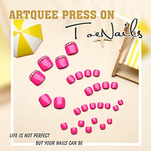 28pcs Hot Pink Short Press on Toenails Glossy Square Fake Toe Nails Art