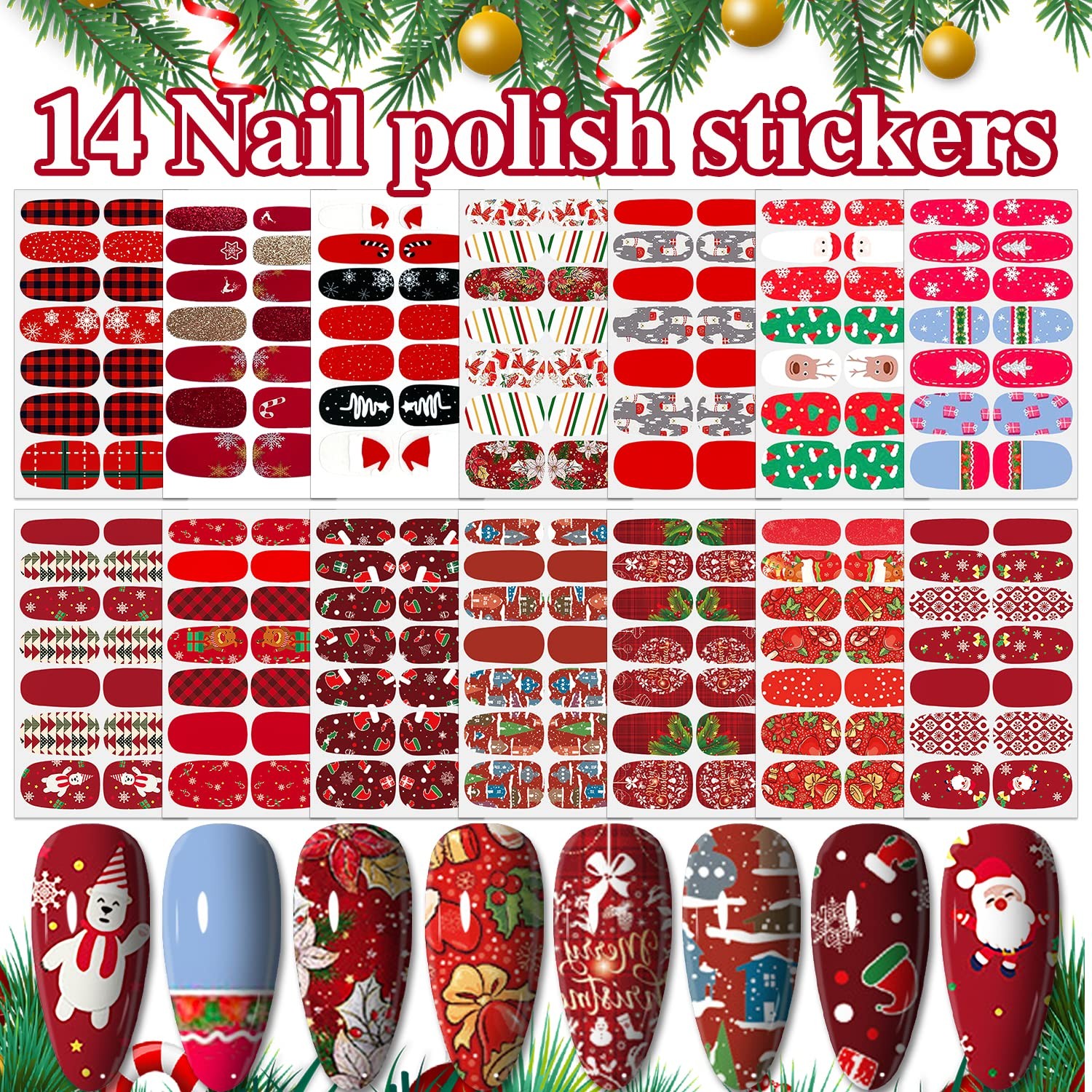14 Pcs 196 Tips Christmas Nail Stickers Full Nail Wraps For Women Girls Chris…