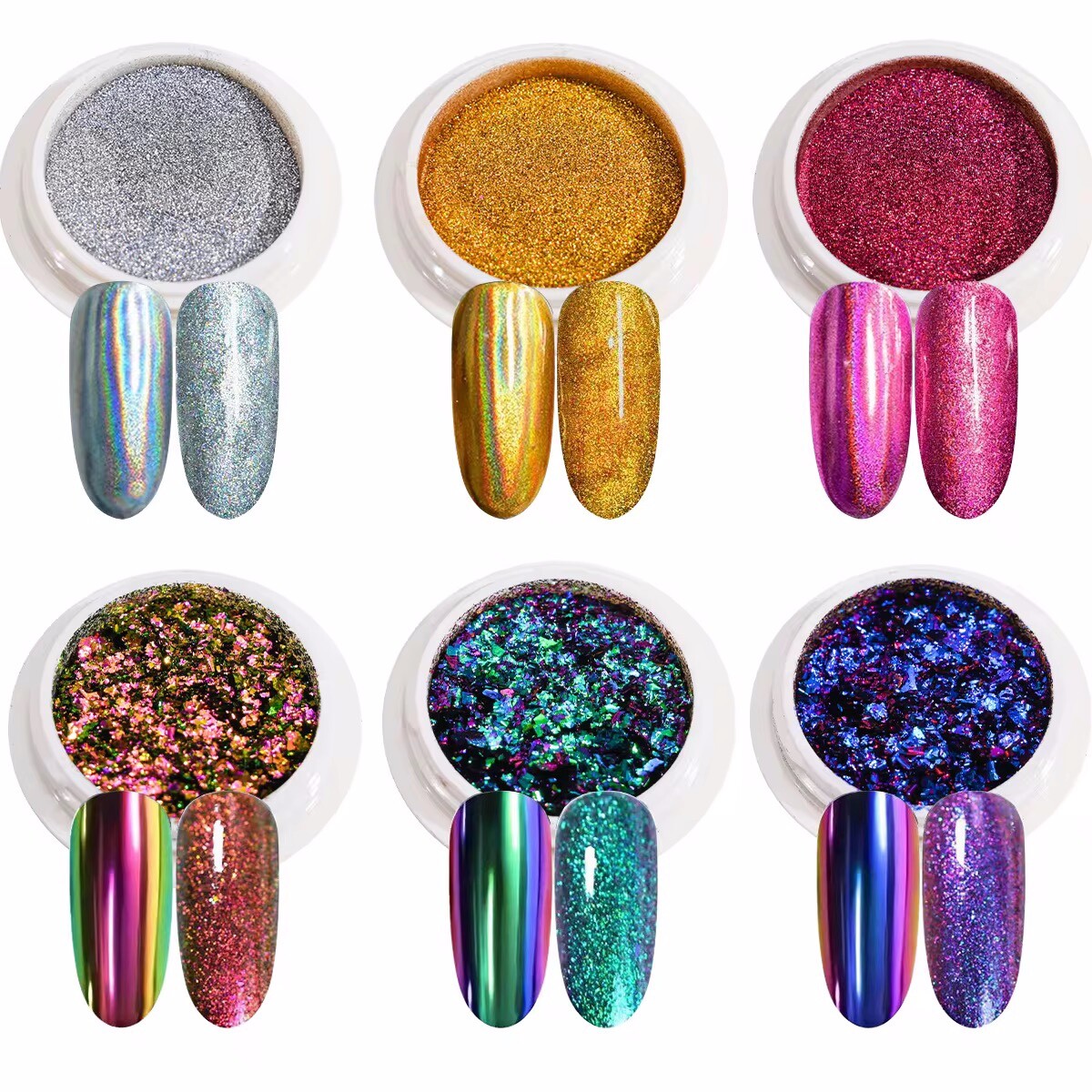 6pcs/Set Chameleon Laser Nail Mirror Chrome Powder Set Solid Rubbing Chrome Dust