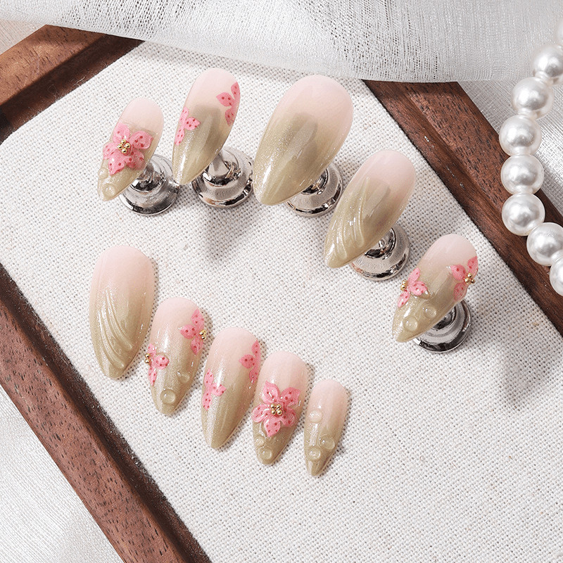48pcs Almond Press on Nails,Light Green Gradient Hand Paint Cherry Blossom Nails