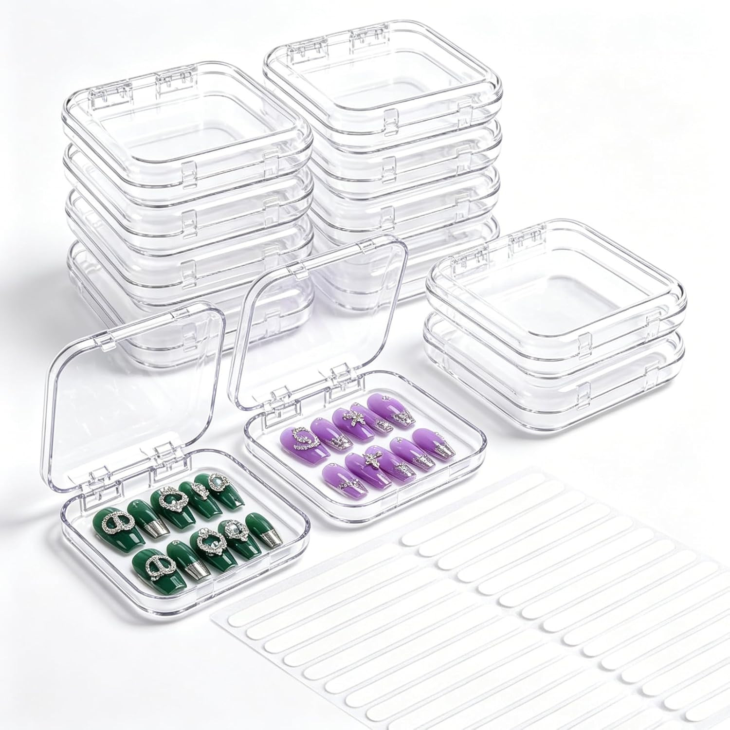 12 Pcs Clear Acrylic Press on Nail Storage Box with 30 Pcs Adhesive Double Sided