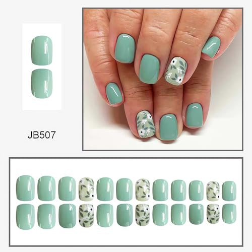 Spring Green Press on Nails Short Square Fake Nails Glossy False Nails with