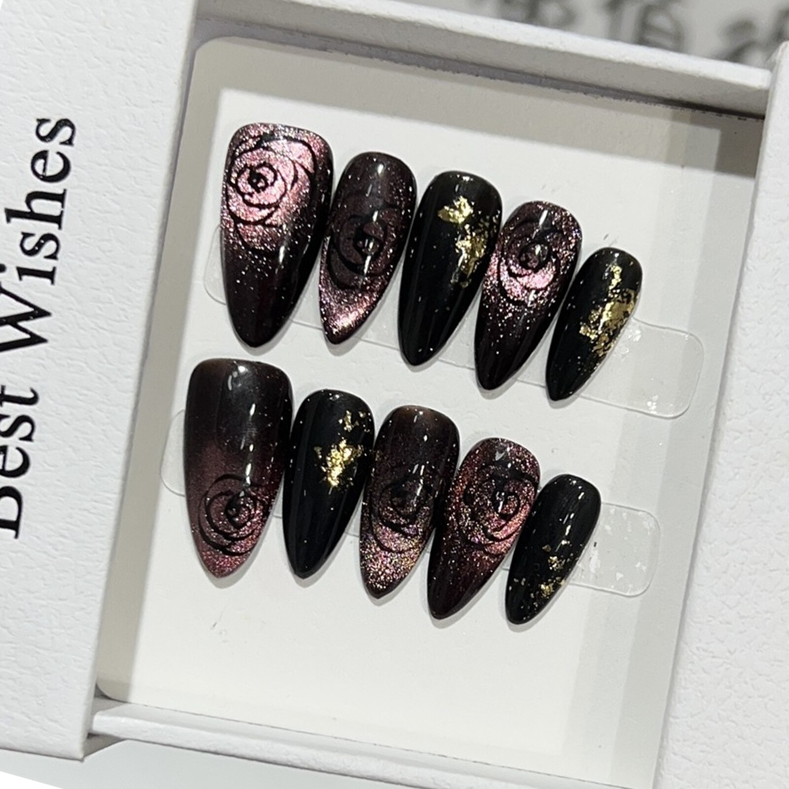 Handmade Fireworks Cat Eye Gradient Rose False Nail Medium Almond Press On Nail