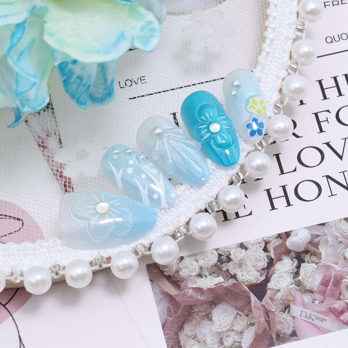30Pcs Handmade Press on Nails Short Almond Shape Glue on Nails 3D Flower Pearl F