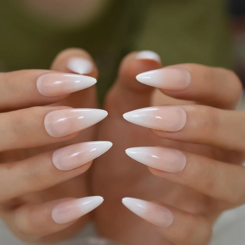 Ombre French Tip Press On Nails Stiletto White Nude Baby boomer pointed classic