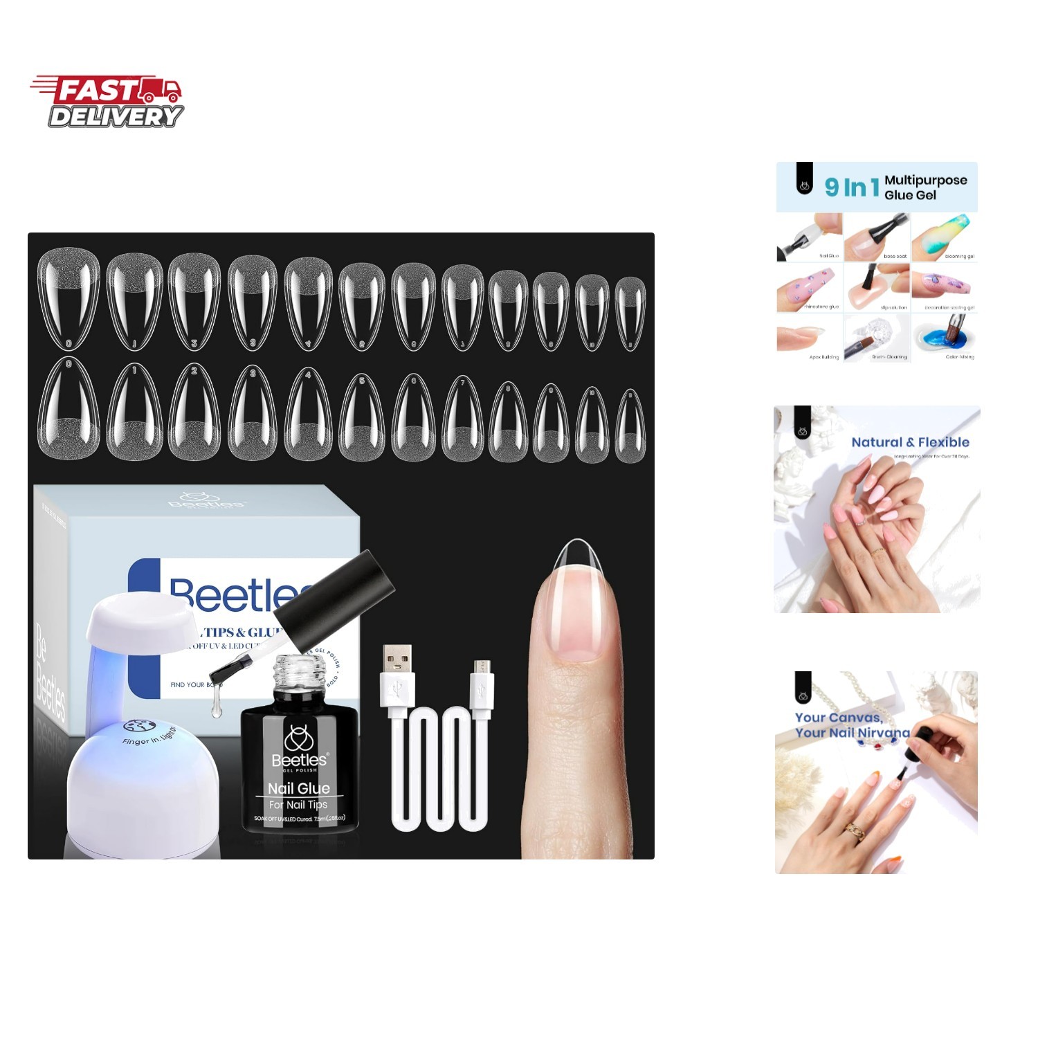 Beetles Gel Nail Kit Etch-X, Almond Short, 504pcs 12 Sizes Nail Tips, with 9 …