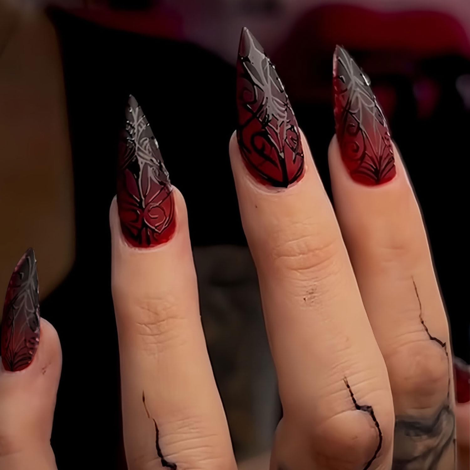 Halloween Press on Nails Medium Stiletto 24 Fl Oz (Pack of 1), Black Red-5