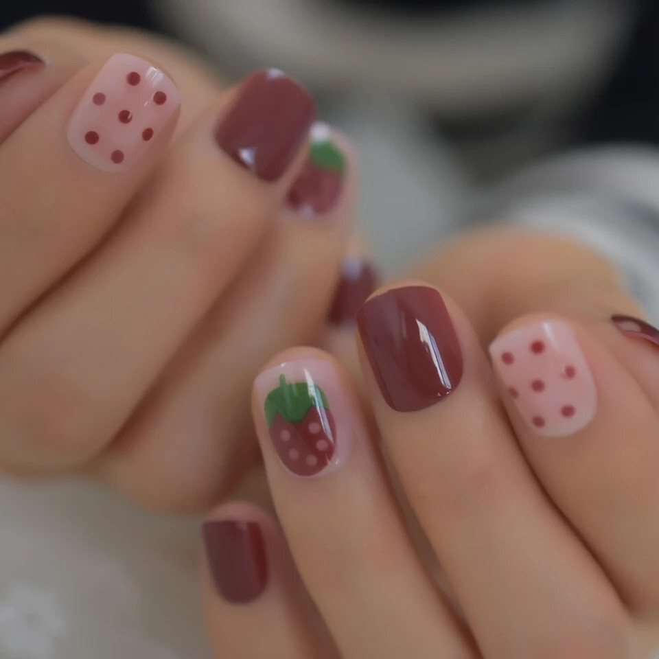 24 Short Press on nails kit w glue strawberry cute red dots kawaii fruit