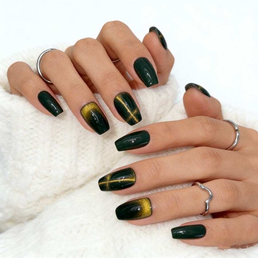 48pcs-Dark Green Fake Nails with Gold Gradient and Cross Design, Medium Length