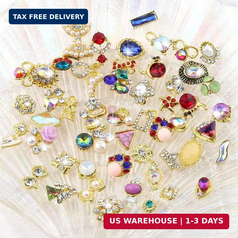 50pcs 3D Gold Nail Charms for Acrylic Nails Mix Styles Rhinestones for Nails Met