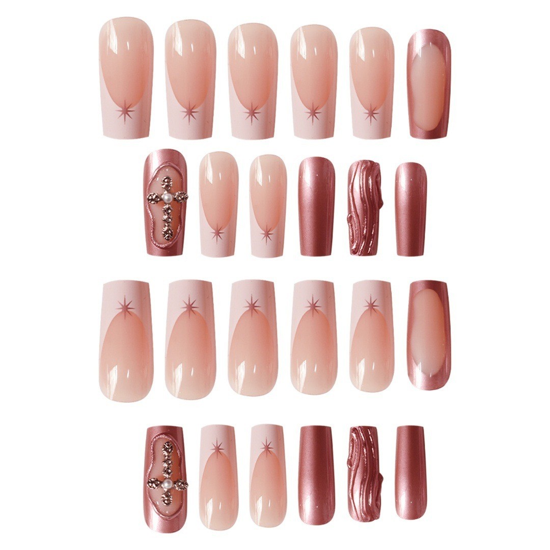 European Style Long Press On Nails Rhinestone Design