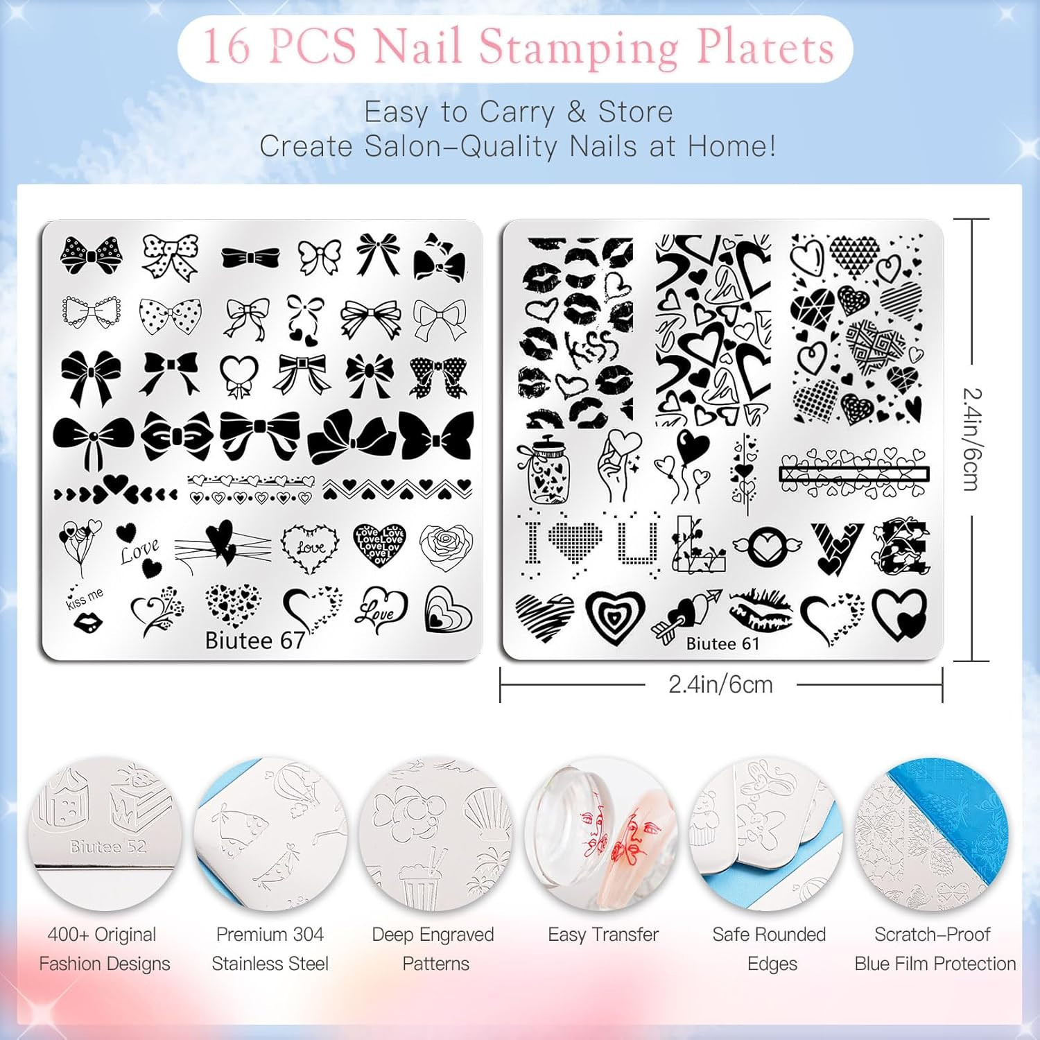 Nail Stamping Kit with 16 Nail Stamping Plates, Clear Jelly Nail Stamper, 2 Scra