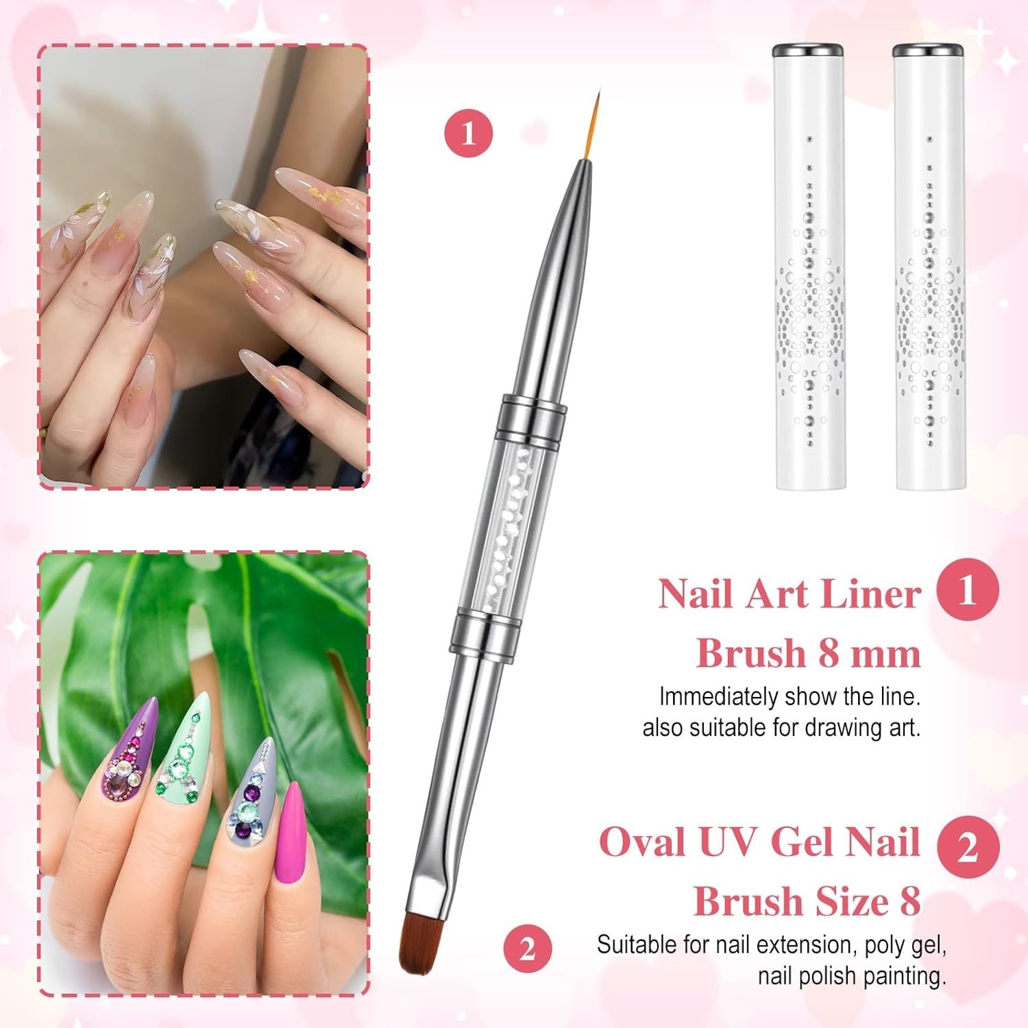 2-PCS Double-Ended Nail Builder Gel Brush, French Tip Liner Rhinestone Tool