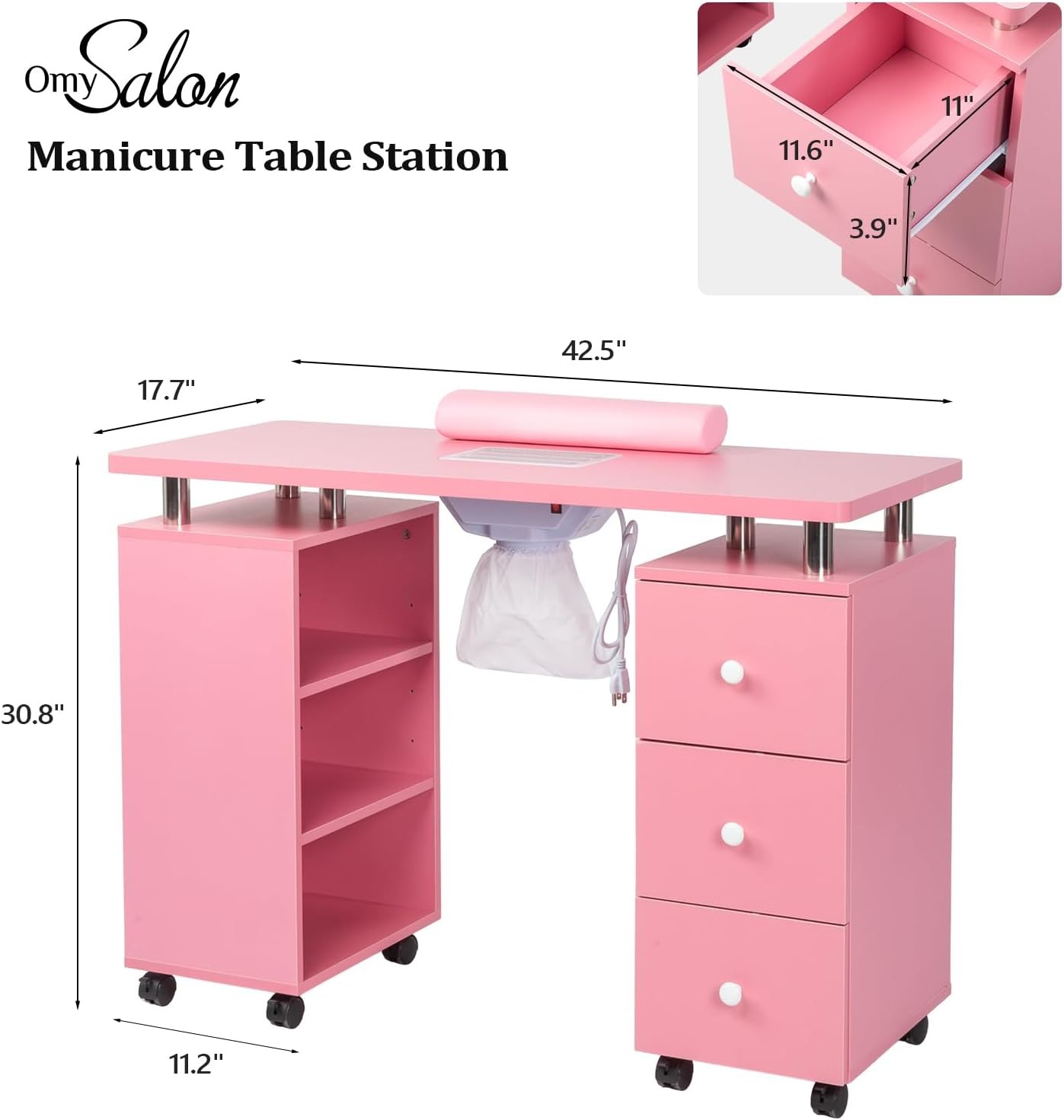 Manicure Table Nail Desk Beauty Salon Dust Collector+Wrist Pad+Storage Drawers