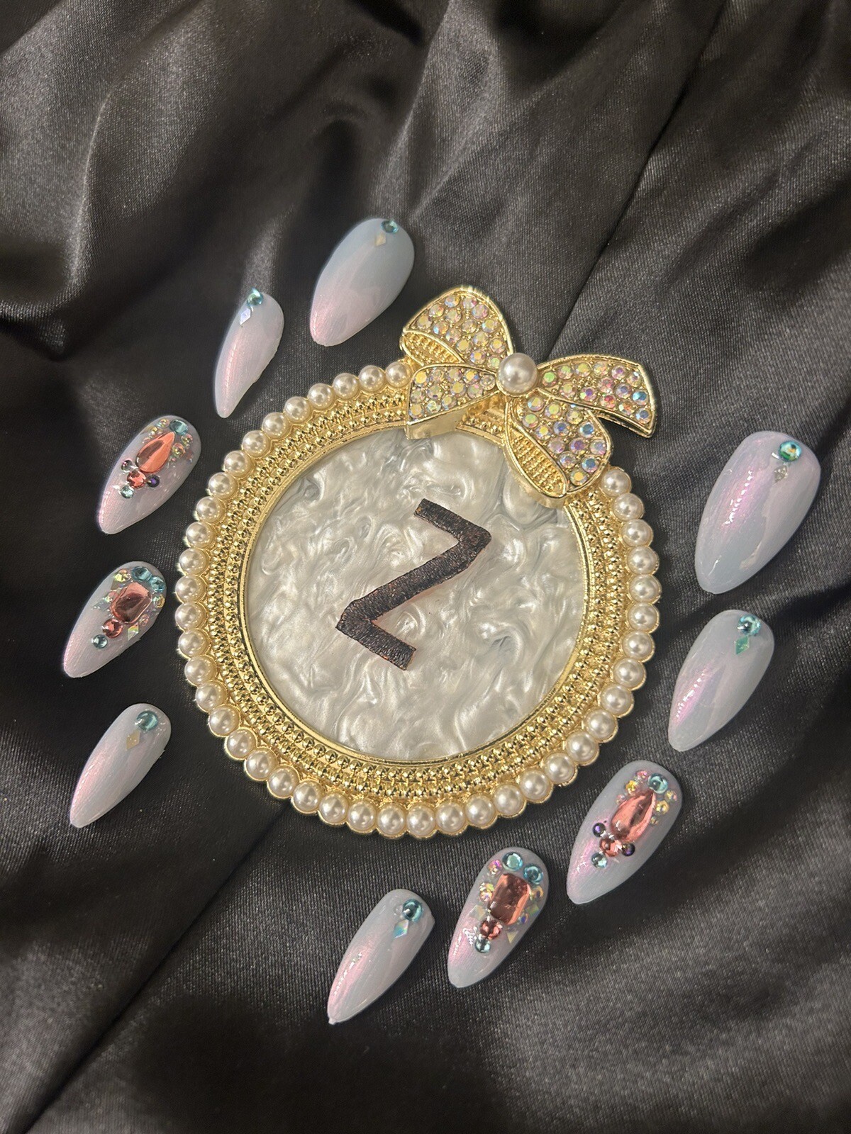 Z NAILZ! Handcrafted Pink/Blue Iridescent M Coffin W/Bling Press On Nails