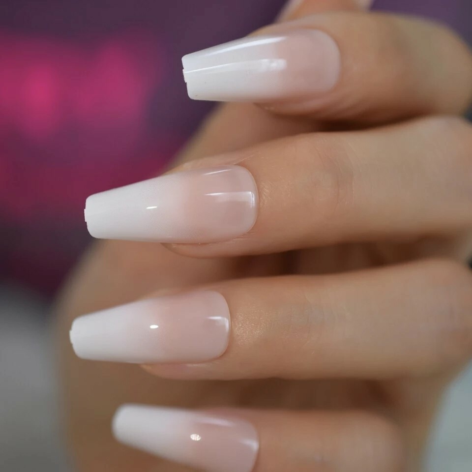 Press On Nails Long Coffin Ombre Pink French Tip Manicure Baby boomer