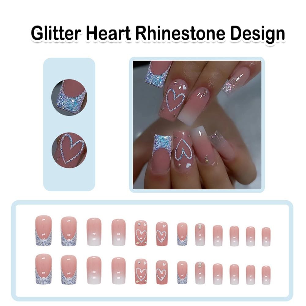 Press on Nails Square Nude Pink Short Medium Fake Nail with Glitter Heart Rhi…