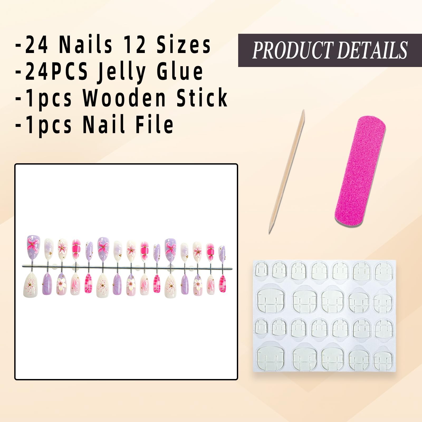 Jremg Pink Flower Press on Nails Medium Almond Fake Almond, Multicolor