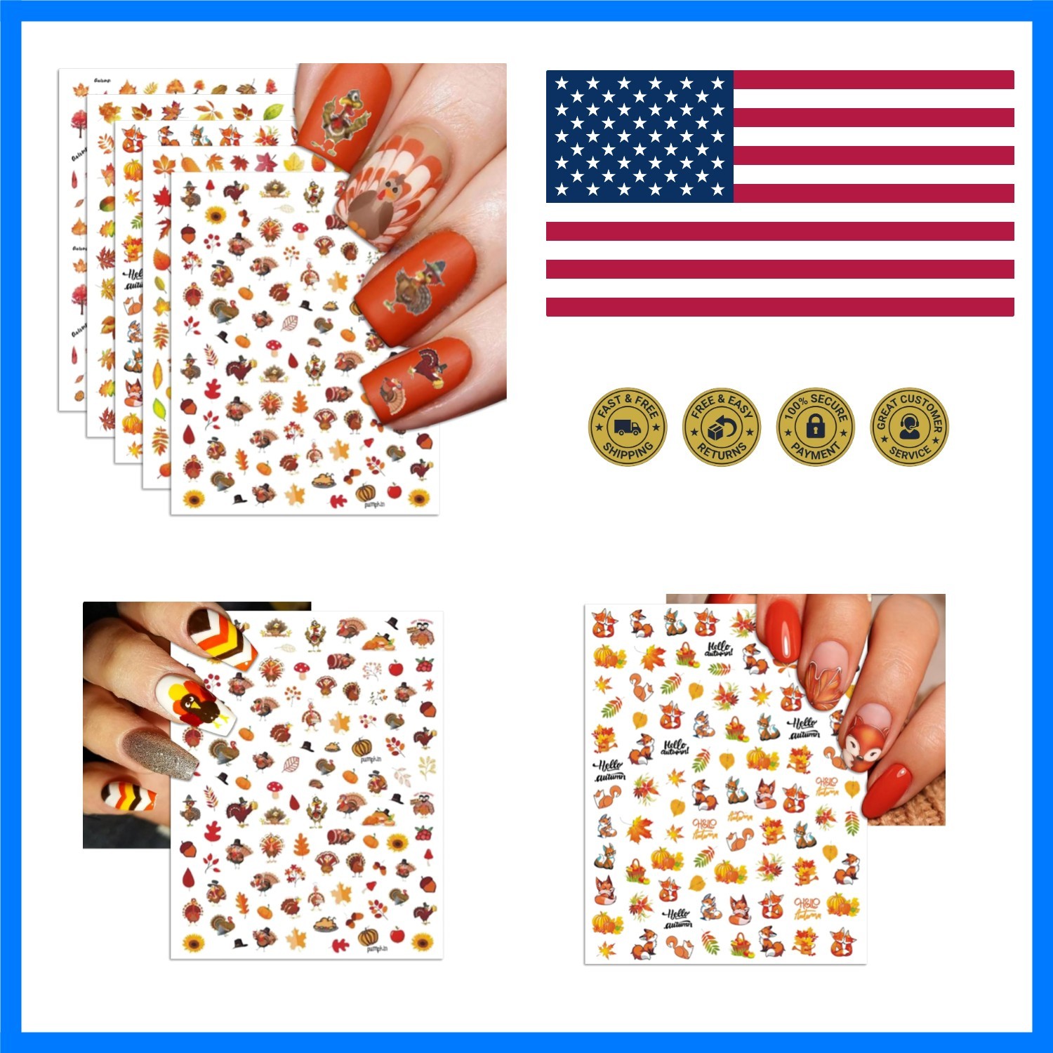 Fall Nail Art Stickers, Thanksgiving Day Turkey Nail Decals, 3D Self-Adhesive…
