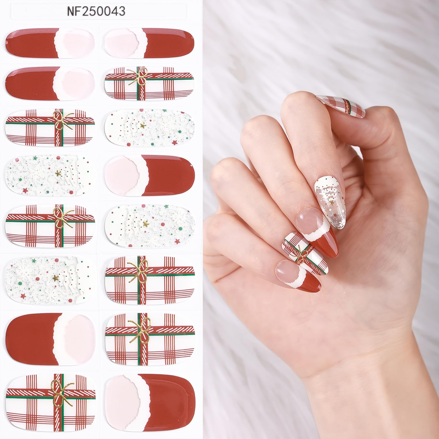 Christmas Semi Cured Gel Nail Strips, 16 Pcs Winter Xmas Gel Nail Stickers Ch…