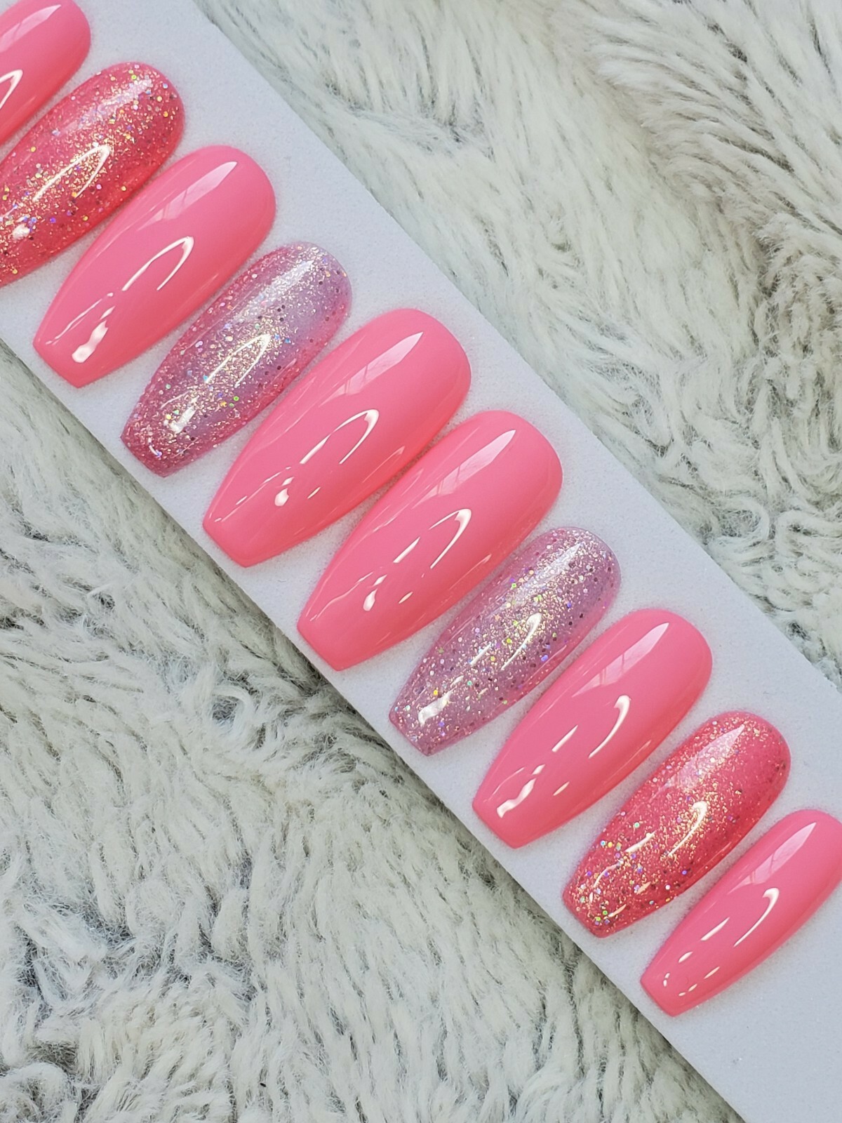 Bright barbie pink Nails Long coffin neon glitter press on nails baby gender set