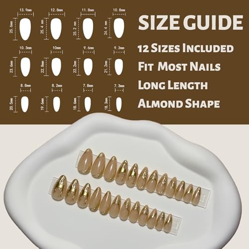 Luxury Long Almond Press on Nails – Nude Base with 3D Irregular Golden Nude