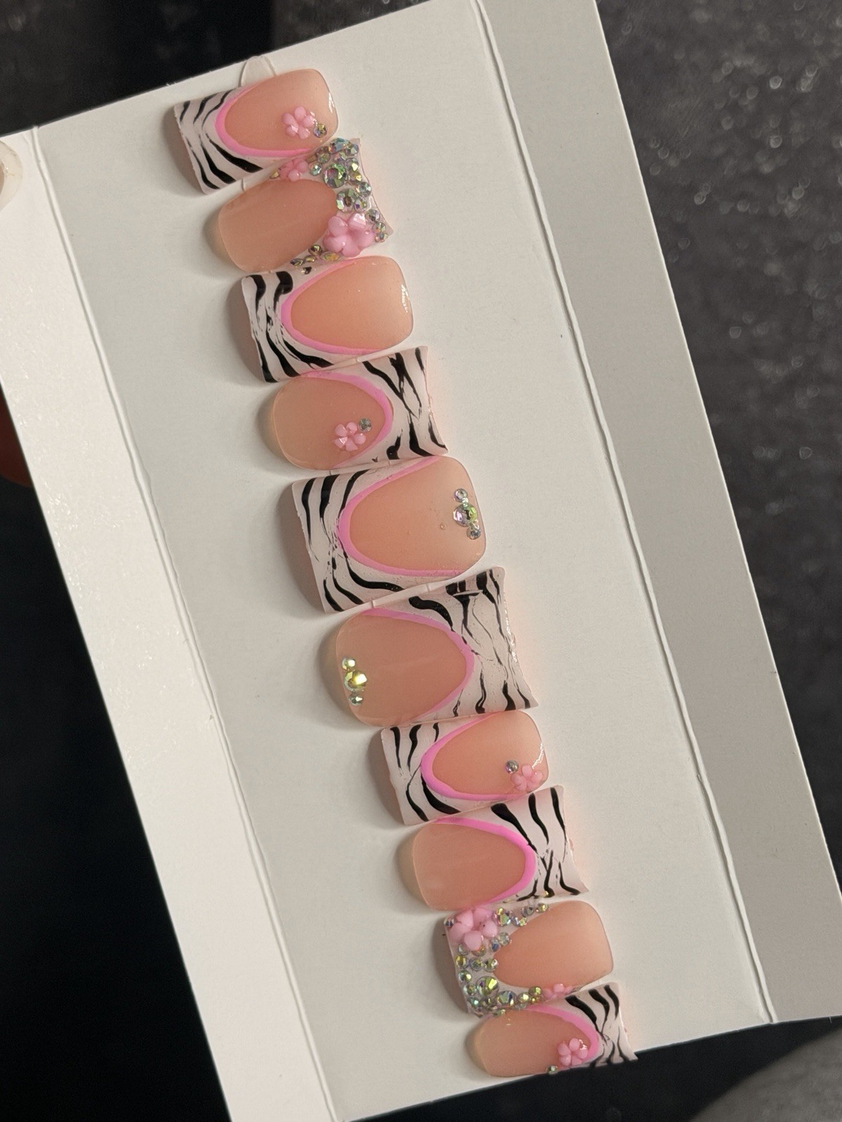 🎀 CUSTOM Hard Gel Press On False Nails French ZEBRA 10p Set SHORT DUCK W Kit