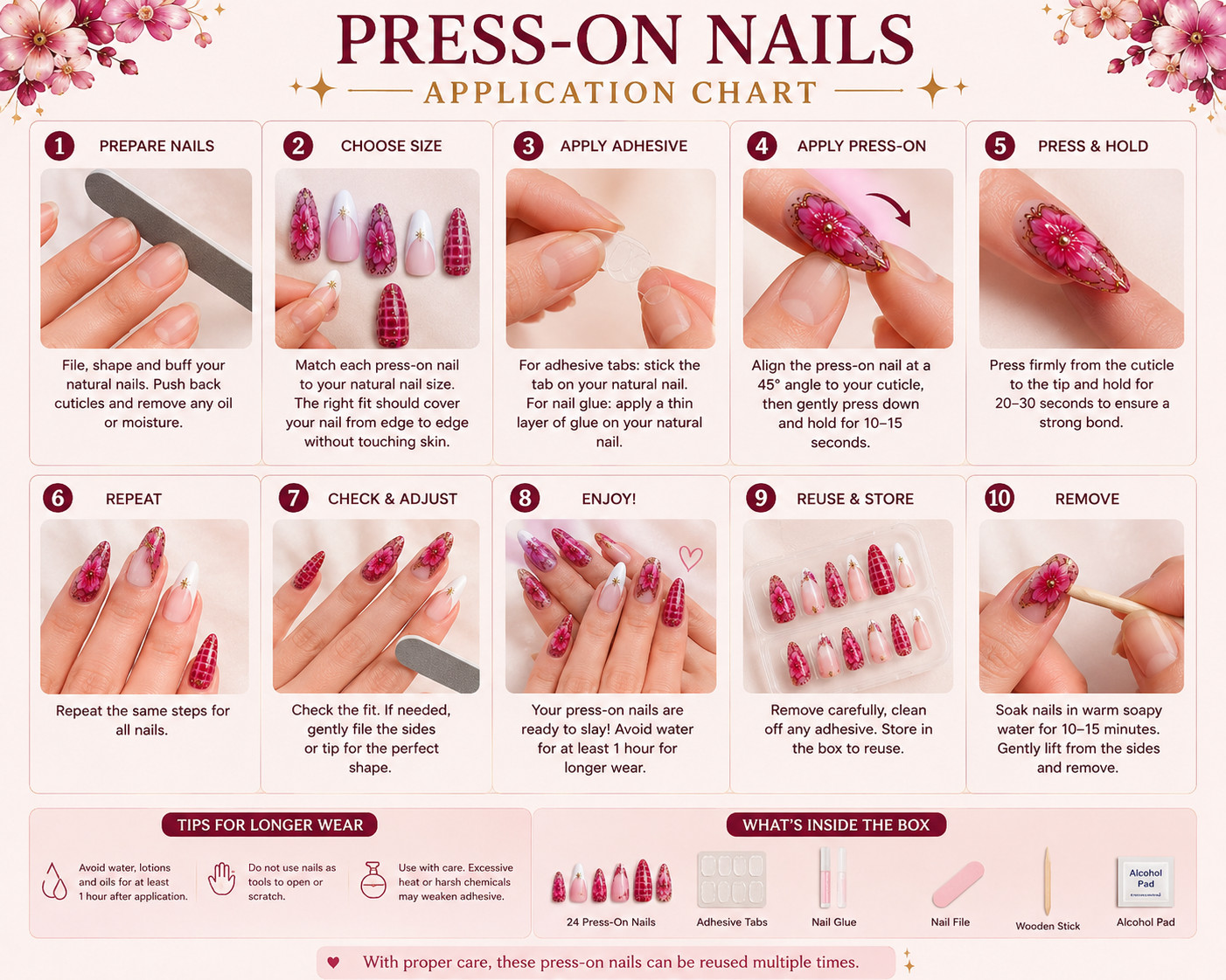 Pink Flower Press On Nails Short Almond Full Cover Reusable False Nails 24PCS
