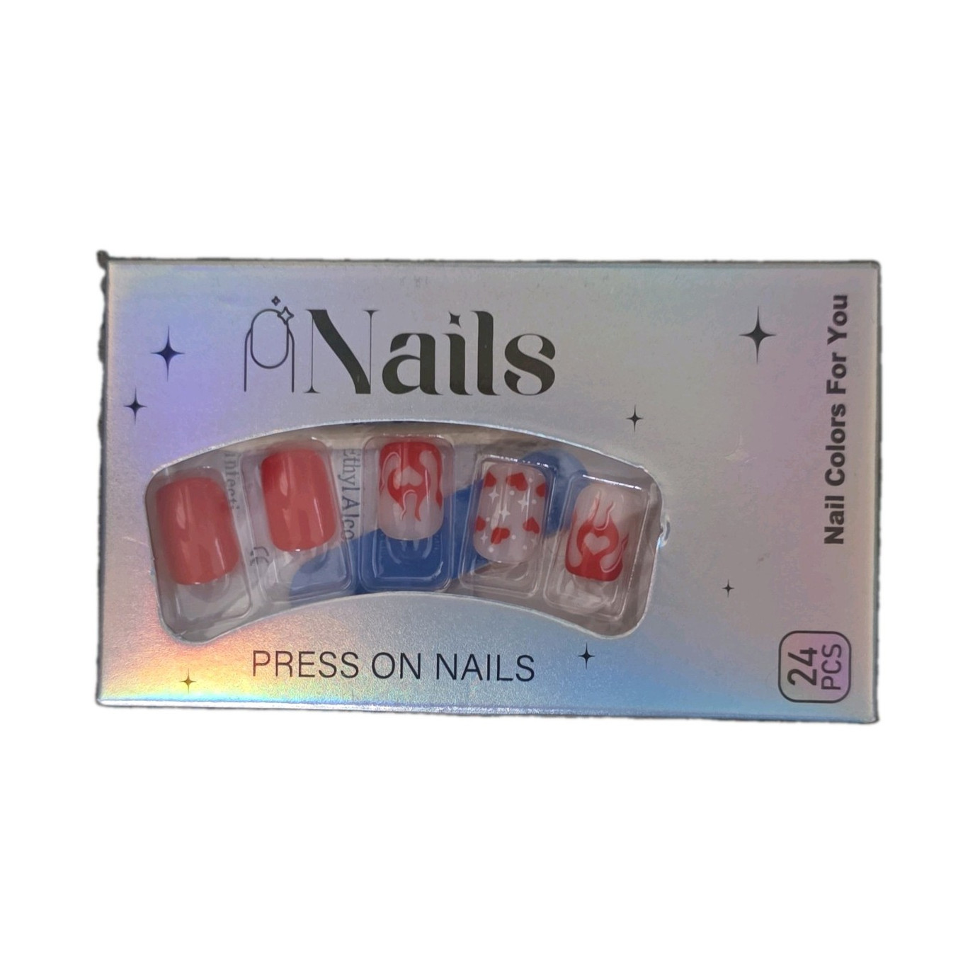 Press-On Nails 24pcs Red/Blue/White French Tip Flame Design w/ Adhesive Tabs