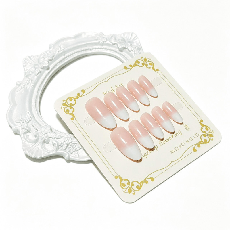 48 Pcs White Nude Gradient Almond Press on Nails, Glossy Soft Daily Fake Nails