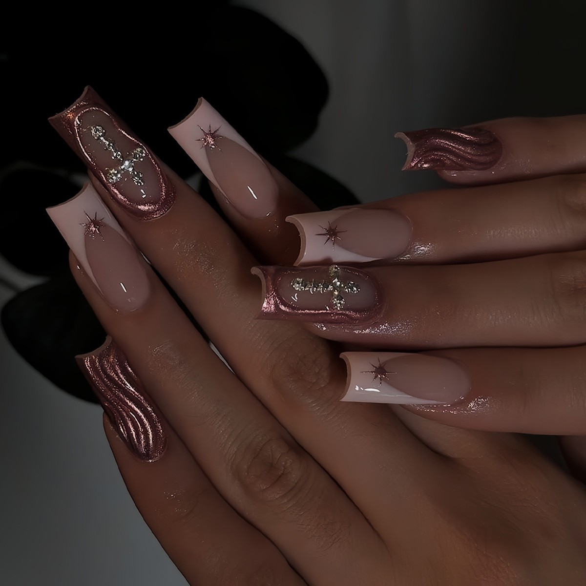 European Style Long Press On Nails Rhinestone Design