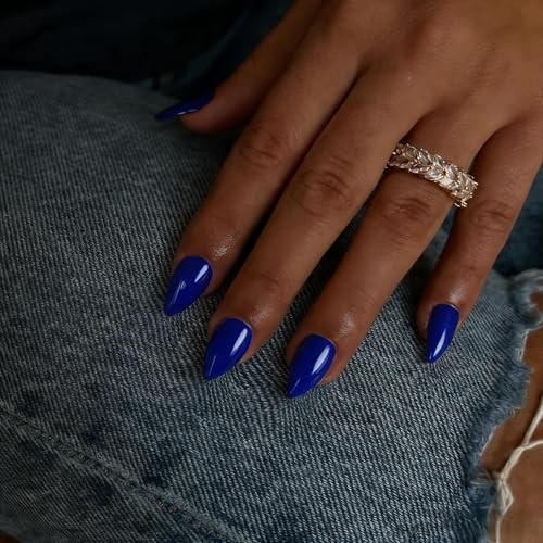 Short Press on Nails Almond, Royal Blue Fake Nails Short Stiletto, royal blue