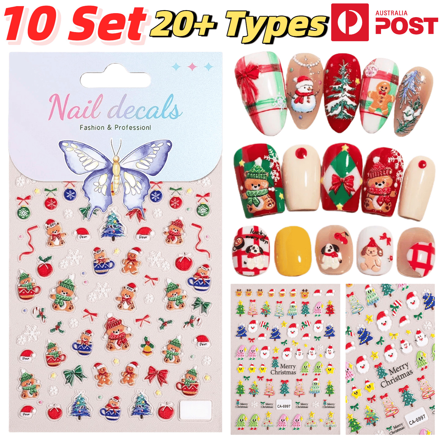 10Set Christmas Nail Stickers 5D Art DIY Manicure Decal Santa Snowman Xmas Decor