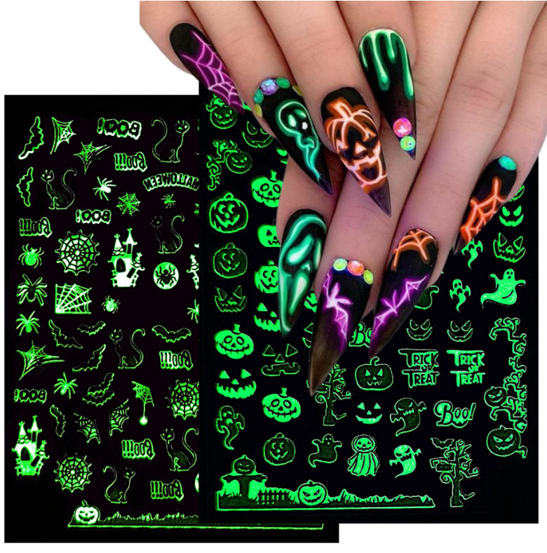 Halloween Nail Art Sticker Fluorescent Skull Spider Witch Ghost Pumpkin Bat NS43